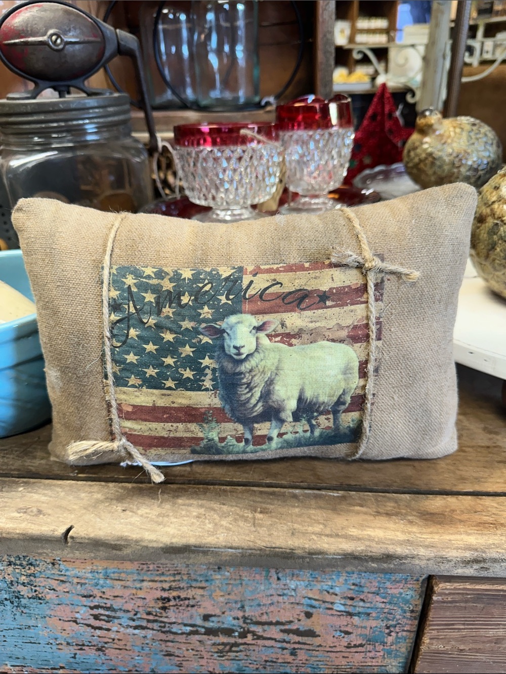 Grungy Rustic Americana Sheep Decorative Pillow - Tan